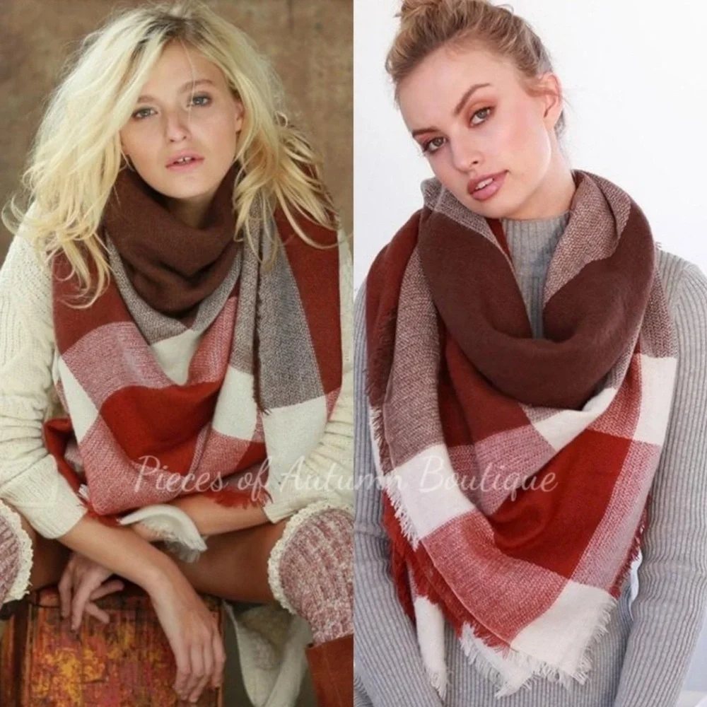 New Fall Winter Burgundy And Brown Plaid Blanket Scarf